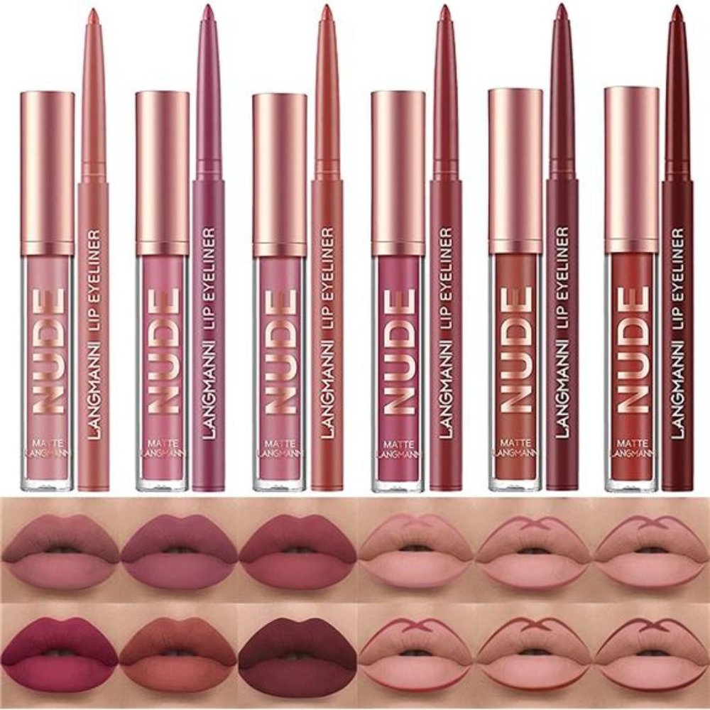 6 Matte Lipstick with 6 Lipliners Durable Lip Gloss Long-Lasting